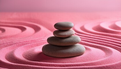 Zen garden with the stones and pink sand pattern minimal scene Stack of Balanced Pebbles