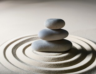 Zen garden with the stones and white sand pattern minimal scene Stack of Balanced Pebbles