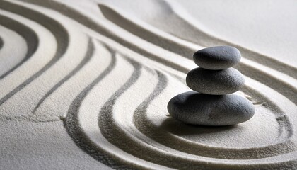 Zen garden with the stones and white sand pattern minimal scene Stack of Balanced Pebbles