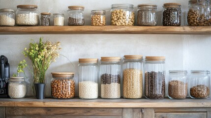 Fototapeta premium A stylish kitchen scene featuring jars of nuts and grains neatly arranged on shelves, emphasizing the aesthetic appeal of healthy food storage and preparation.