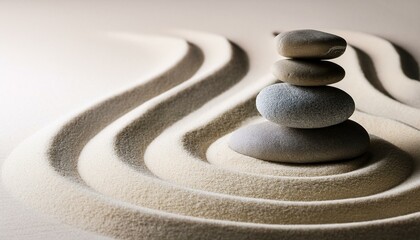 Zen garden with the stones and white sand pattern minimal scene Stack of Balanced Pebbles