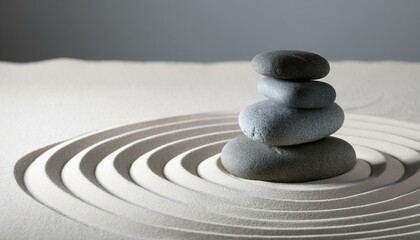 Zen garden with the stones and white sand pattern minimal scene Stack of Balanced Pebbles