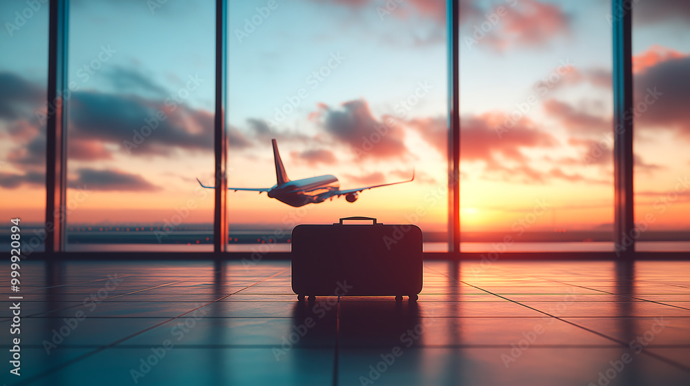 Poster silhouette of a suitcase near a window with an airplane taking off during a colorful sunset at an ai