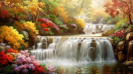 Autumnal Waterfall in a Lush Forest