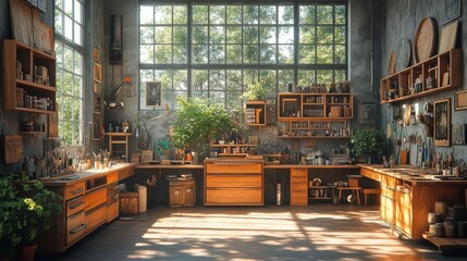 A sunlit workshop space filled with tools, supplies, and natural light streaming through expansive windows, creating a vibrant and inspiring atmosphere
