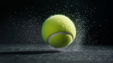 A bright yellow tennis ball bouncing with spray of dust in an indoor tennis court setting