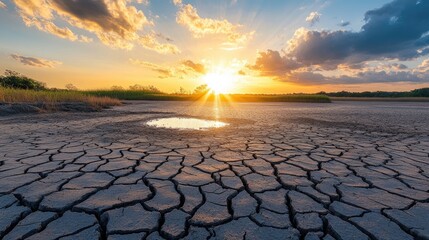 A thought-provoking image of a dried-up riverbed cracked under the sun, with parched earth and no water in sight, representing the severe droughts caused by climate change.