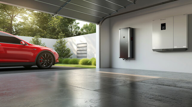 Concept of a home battery packs alternative electric energy storage system at modern home garage wall as backup or sustainable energy concepts.