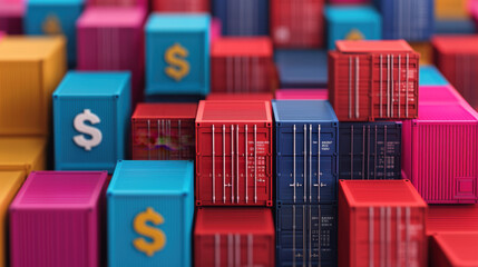 Obraz premium A stack of red and blue containers dollars sign on them. The containers are piled on top of each other