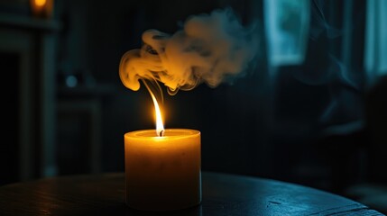 A thought-provoking image of smoke drifting from a candle in a dark room, symbolizing fleeting moments and introspection, creating an intimate and contemplative mood.