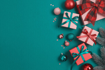 Merry Christmas and New Year background with gift box and decorations. Top view, flat lay