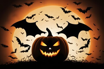 A pumpkin surrounded by flying bats each casting a shadowy silhouette, Ai Generated