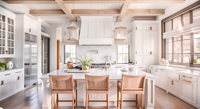 Modern Kitchen with White Cabinets, Wooden Beams, and Gold Accents