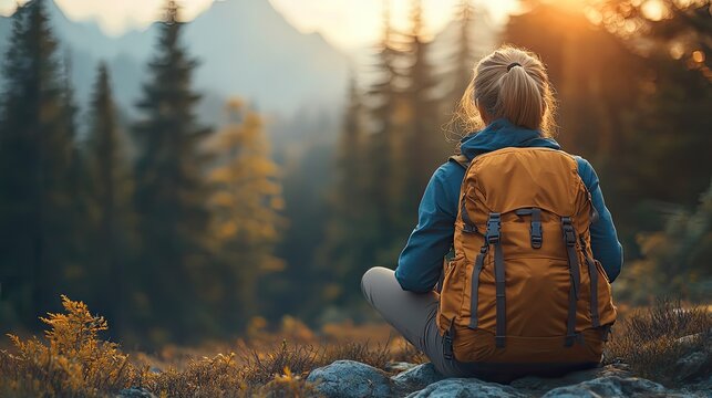 rear view of woman hiker sitting on the ground outdoors in forest resting
