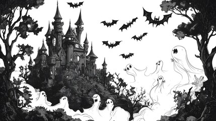 Haunted castle with jagged edges surrounded by bats witches cackling on their brooms and transparent ghosts floating between trees in a comic style with bold outlines