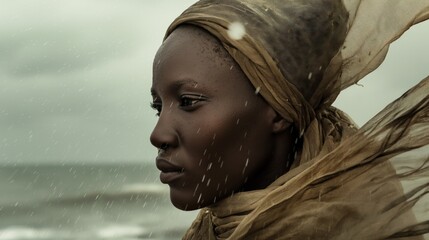 An African woman in a flowing scarf gazes at the ocean as rain gently falls