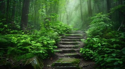 Stone Steps Leading Up Through a Misty Forest