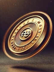 Spinning gold coin amidst a pile of coins

