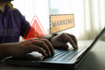 System hacked warning alert on notebook. Cyber attack on computer network, Virus, Spyware, Malware or Malicious software. Cyber security and cybercrime. Compromised information internet.