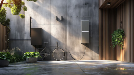 Concept of a home battery packs alternative electric energy storage system at modern home garage wall as backup or sustainable energy concepts.