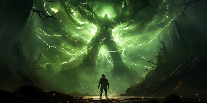 A mysterious figure stands before a towering, ethereal tree surrounded by green lightning.