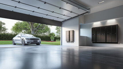 Concept of a home battery packs alternative electric energy storage system at modern home garage wall as backup or sustainable energy concepts.