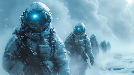 A group of astronauts in snowy terrain, equipped for a cold environment.