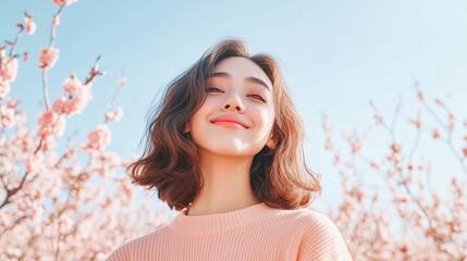 Fototapeta premium Young woman smiling amidst blooming cherry blossoms