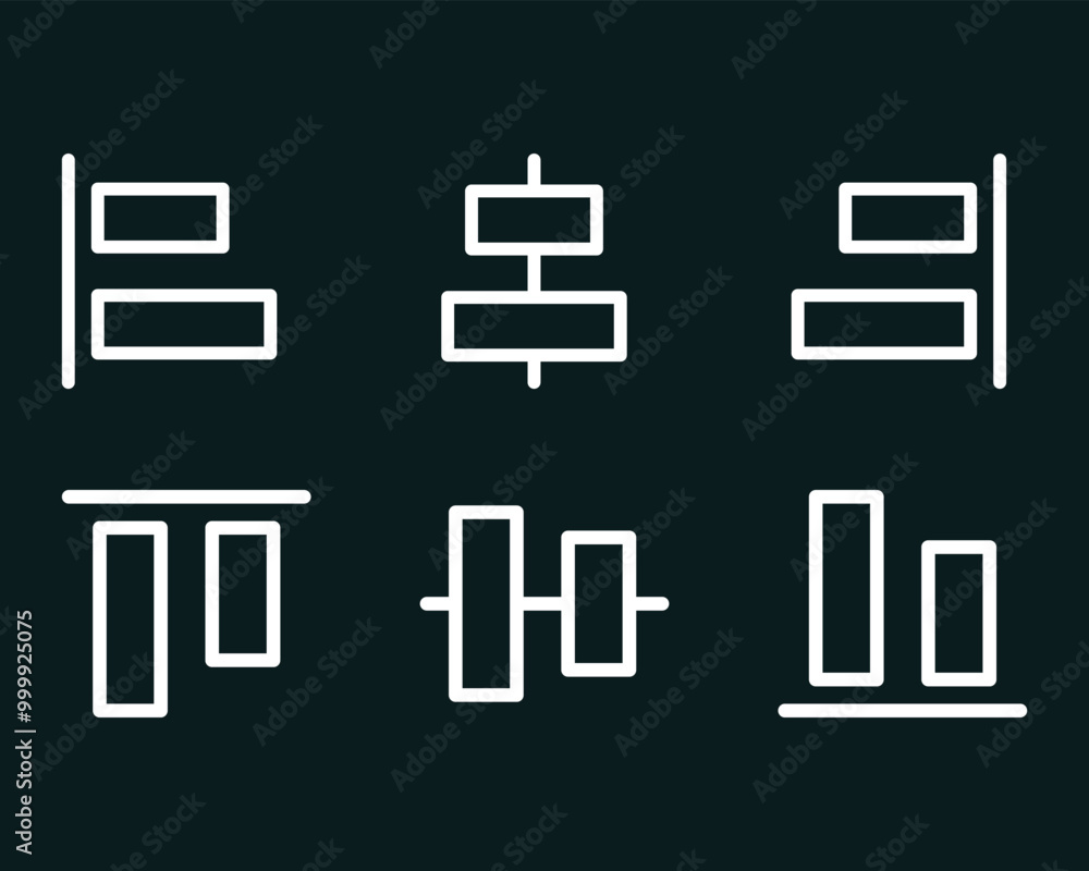 Poster alignment icon set. alignment or text align set with left, right, center and justify line art icons 