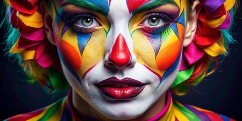 Obraz premium Colorful and Creative Clown Makeup Design on a Woman's Face for Theatrical and Artistic Expressions