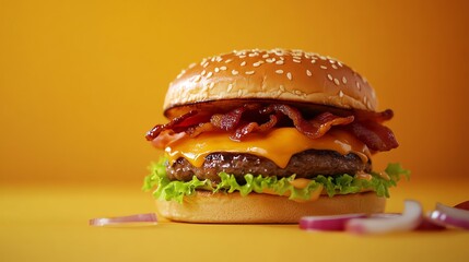 A cheeseburger with bacon and onion on a yellow background.