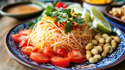 A vibrant plate of Som Tum with colorful ingredients like shredded green papaya, tomatoes, peanuts, and chili, garnished with fresh herbs, showcasing the essence of Thai cuisine.