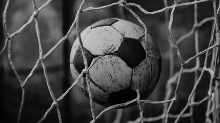A soccer ball in the back of the net.