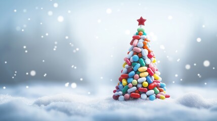 Christmas tree made of colorful pills in winter setting