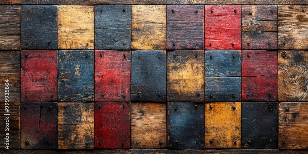 Poster A rustic wood panel background with a patchwork of colorful wood squares, creating a unique and visually appealing texture