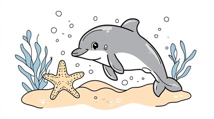 Cartoon illustration of a dolphin swimming underwater near a starfish.