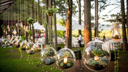 Fototapeta premium A group of hanging glass terrariums filled with succulents and candles