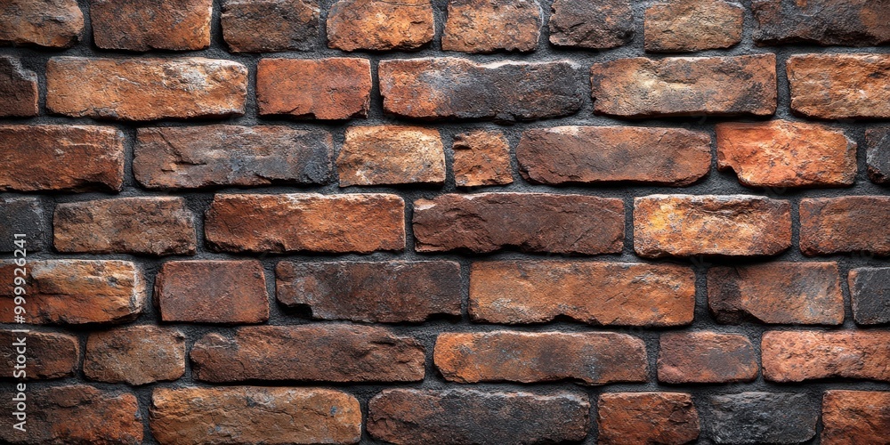 Poster rustic brick wall with irregular mortar joints, showcasing an array of colors and textures, creating