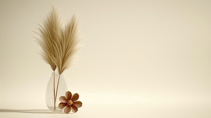 A tall, slender vase with pampas grass inside it is placed on the table 