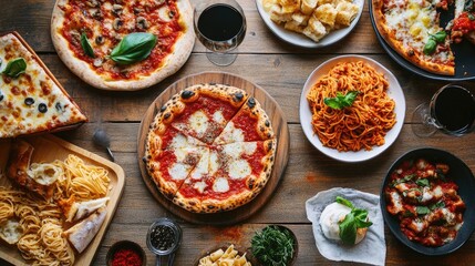 A vibrant spread of popular Italian dishes on a rustic wooden table, featuring pizza, pasta, and risotto, inviting viewers to indulge in the flavors of Italy.