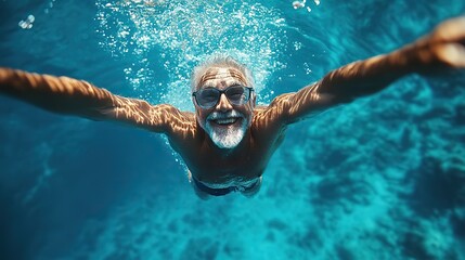senior man jumping in the swimming pool