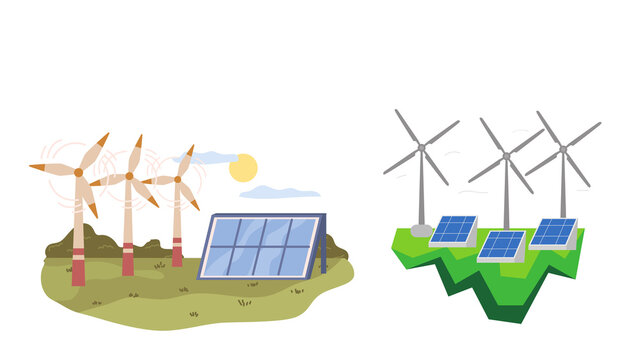 Wind and Solar Energy Illustration – Renewable Green Power Concept Graphic, Sustainable Energy Design – Wind Turbines and Solar Panels for Clean Future, Eco Friendly Renewable Energy – Solar Power and