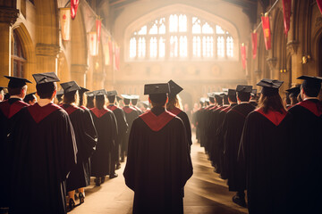 A large graduation hall filled with rows of graduates in black caps and gowns.Graduates throw their caps in the air, with confetti falling in celebration.