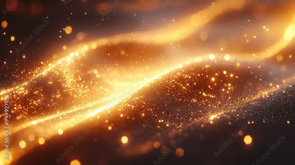 Poster abstract gold glitter waves with glowing bokeh lights and a dark background