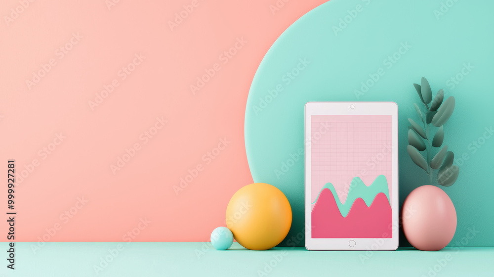 Poster a tablet is displayed on a table with three balls and a leaf