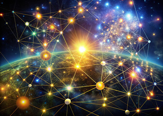 stunning visualization of celestial map, showcasing network of bright connections across cosmic landscape. radiant sun illuminates scene, creating sense of wonder and exploration