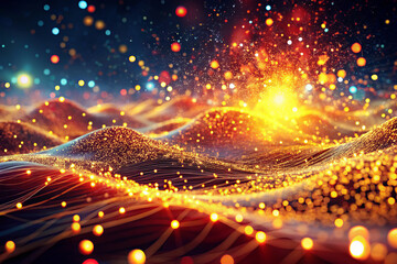 mesmerizing scene of futuristic, high tech environment where vibrant particles flow through undulating waves, creating sense of wonder and energy