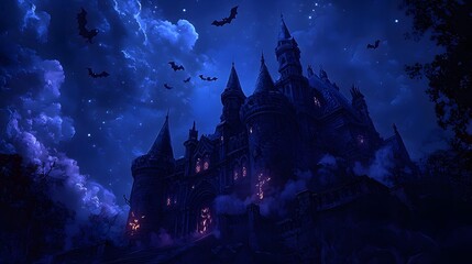 A dark Halloween night with a spooky castle bats flying erratically witches racing through the sky and glowing ghosts drifting past in a comic scene full of mystery