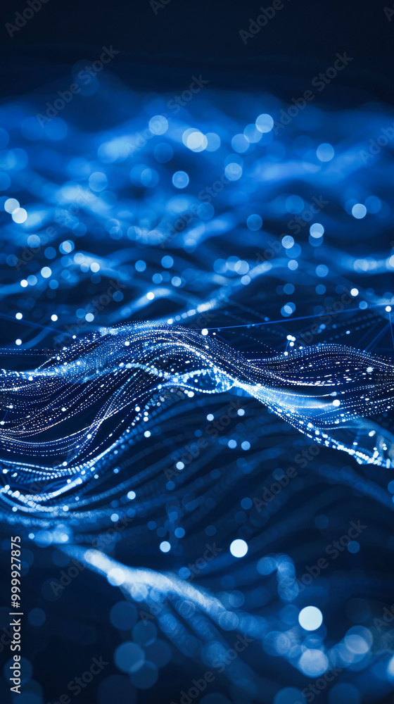 Poster abstract digital data stream with glowing lines on dark blue background