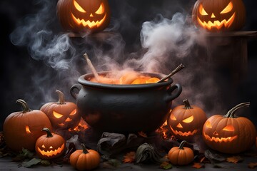 A witch's cauldron surrounded by pumpkins with magical smoke and floating spirits, Ai Generated